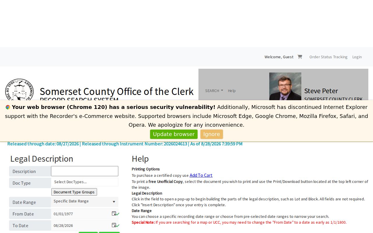 Bridgewater Township street directory Acclaim legal-description search fields