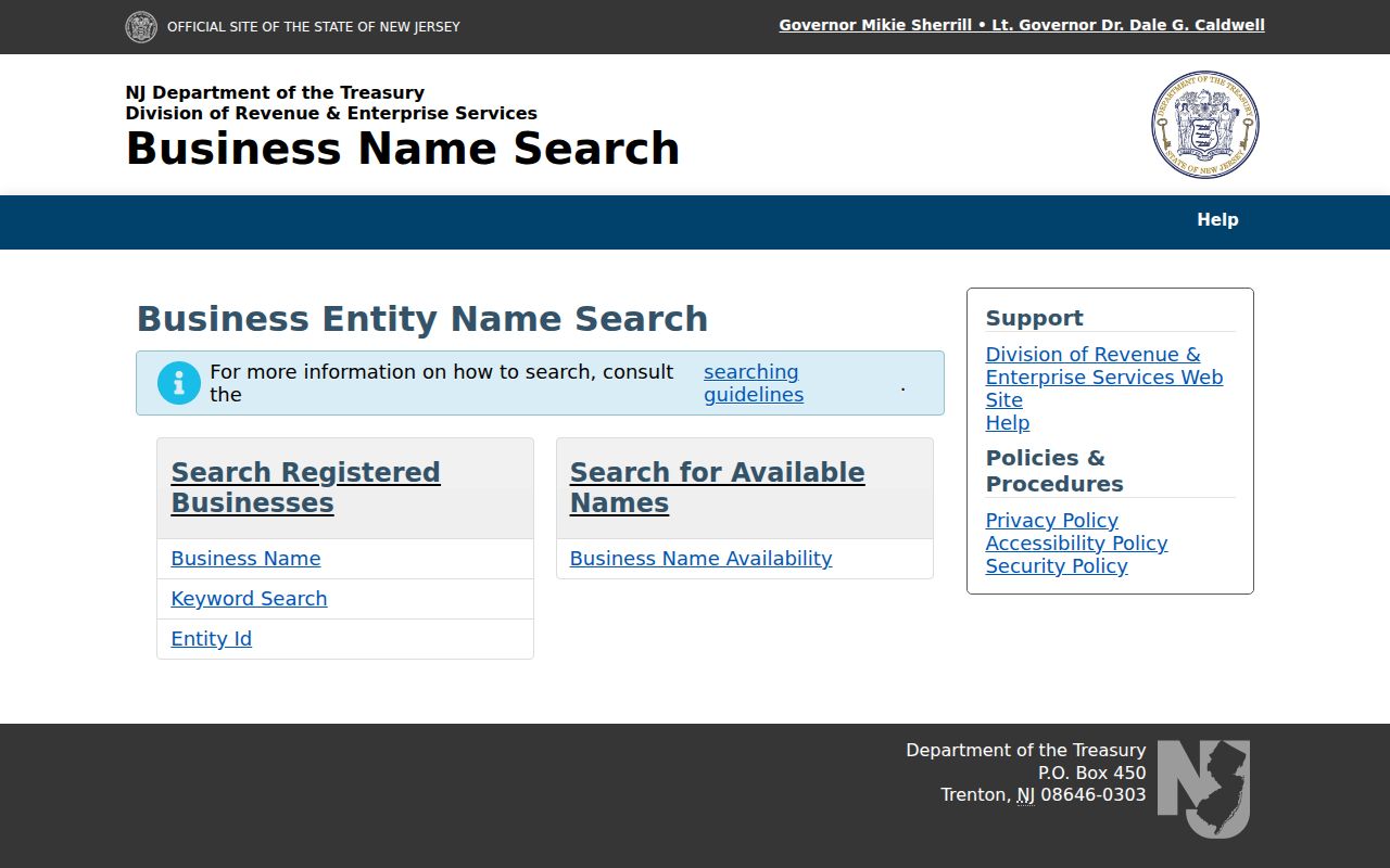 Bridgewater Township residents directory business-name and entity-ID search screen
