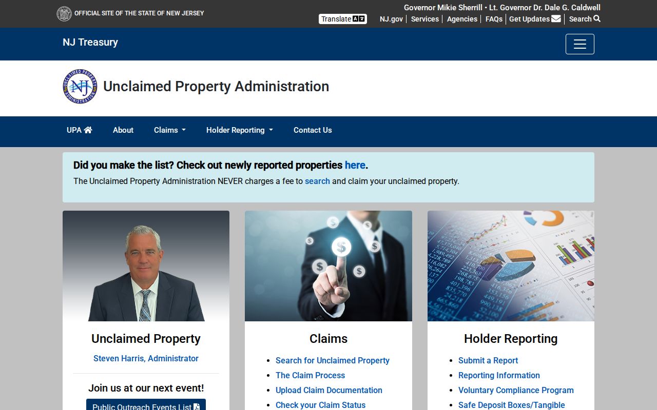 Bridgewater Township residents directory unclaimed-property search and claim screen