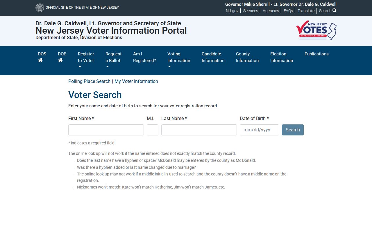 Bridgewater Township residents directory New Jersey voter registration check screen